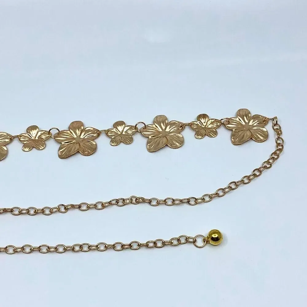 Vintage Y2K Boho Gold Flower Chain Belt, Fits 12.5–36 Inches, X7GA1179